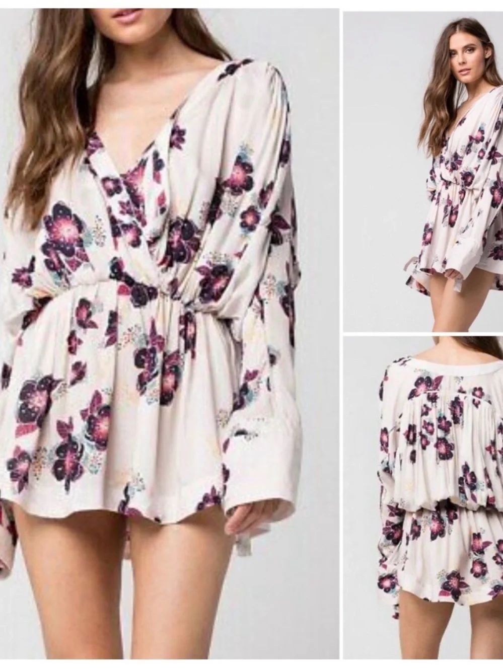 Free People Tuscan Dreams Ivory Floral Long Sleeve Tunic Top Boho Size S